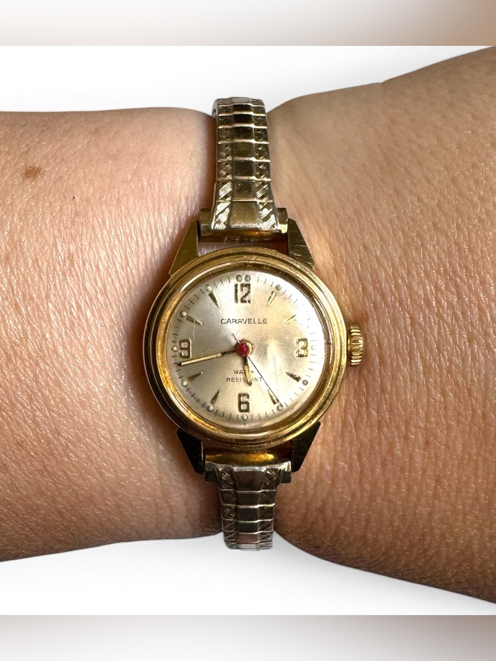 Vtg Caravelle by Bulova Gold Tone Stretch Watch Domed Crystal Not Running